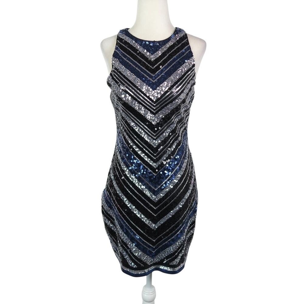 Express Black Silver Navy Blue Stripe Sequin Beaded Bodycon Mini Dress S